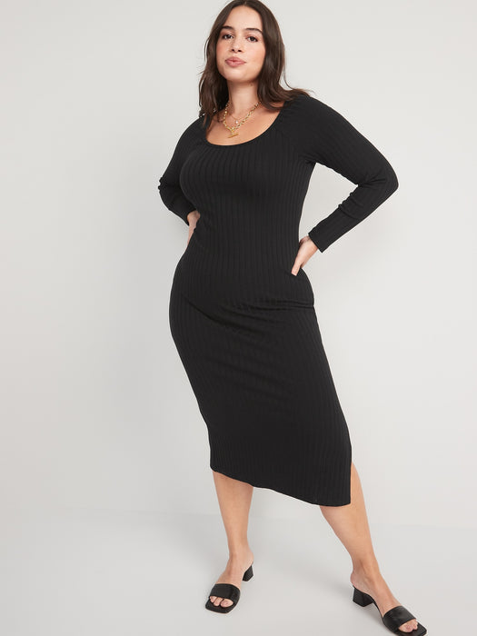 Fitted Long-Sleeve Rib-Knit Midi Dress for Women