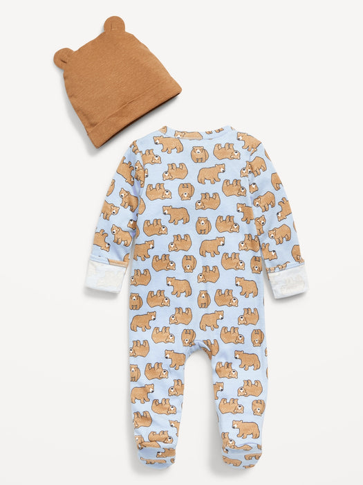Unisex Bear-Print Footed One-Piece & Beanie Hat Set for Baby