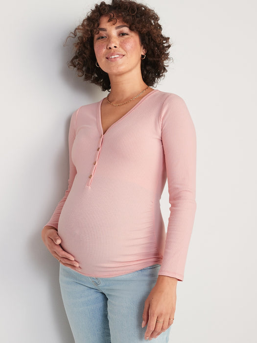 Maternity Long-Sleeve Rib-Knit Henley T-Shirt - Pink