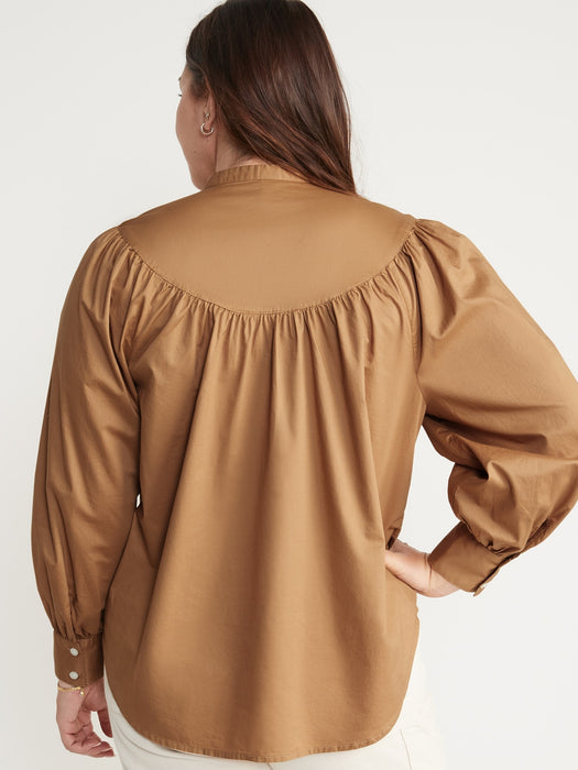 Puff-Sleeve Henley Shirt for Women - Yellow