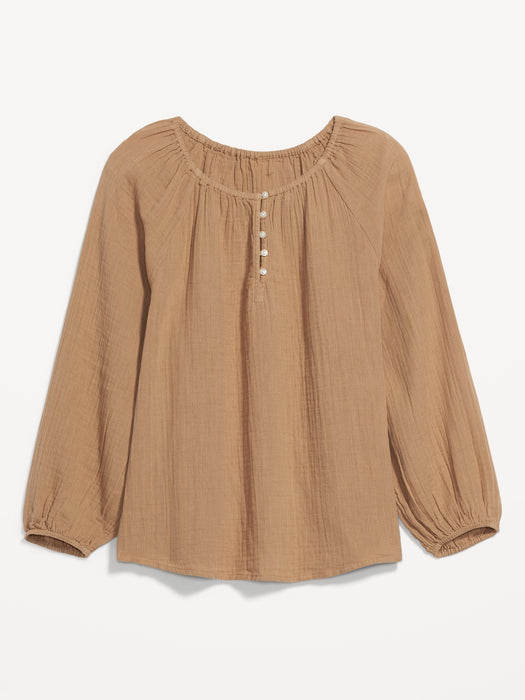 Shirred Double-Weave Long-Sleeve Blouse for Women