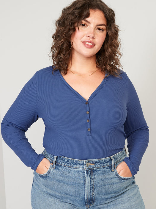 Fitted Long-Sleeve Rib-Knit Henley Top for Women - Blue