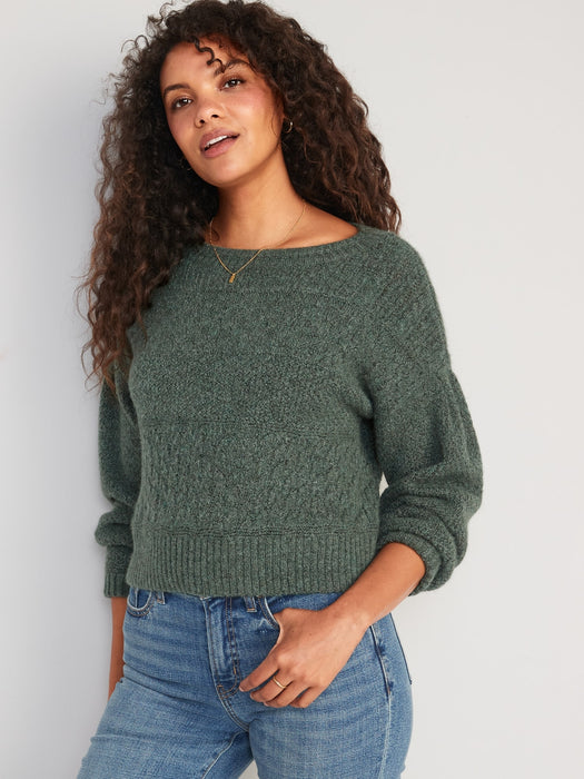 Cozy Plush-Yarn Textured-Knit Sweater for Women - Green