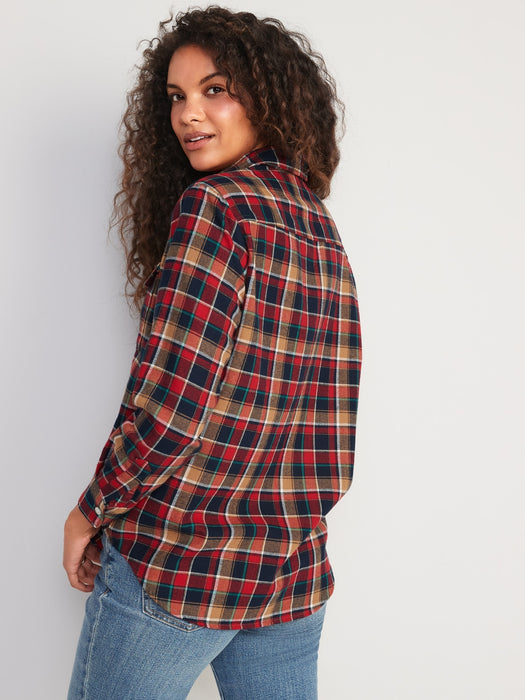 Long-Sleeve Plaid Flannel Boyfriend Tunic Shirt for Women - Brown