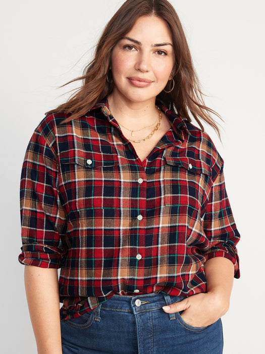 Long-Sleeve Plaid Flannel Boyfriend Tunic Shirt for Women - Brown