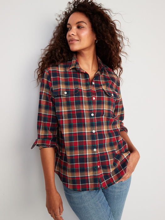 Long-Sleeve Plaid Flannel Boyfriend Tunic Shirt for Women - Brown