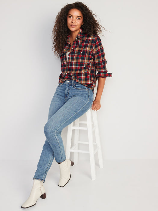 Long-Sleeve Plaid Flannel Boyfriend Tunic Shirt for Women - Brown