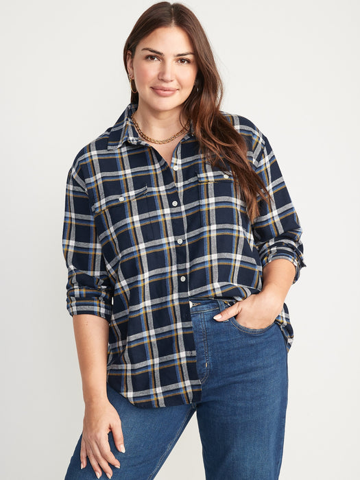 Long-Sleeve Plaid Flannel Boyfriend Tunic Shirt for Women
