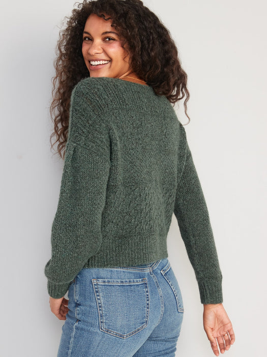Cozy Plush-Yarn Textured-Knit Sweater for Women - Green