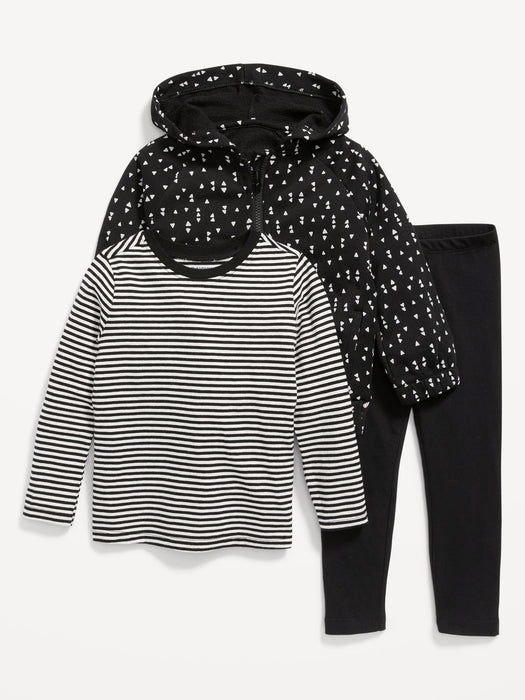 Zip Hoodie, Long-Sleeve T-Shirt & Leggings 3-Pack for Toddler Girls - Black