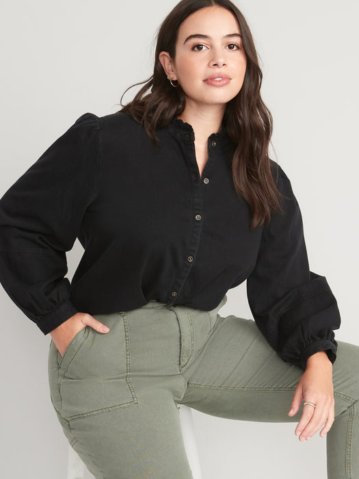 Ruffle-Neck Jean Shirt for Women