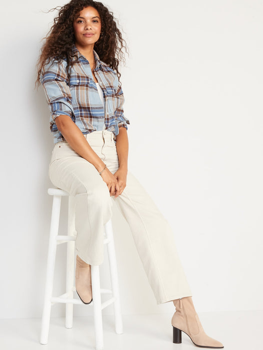 Long-Sleeve Plaid Flannel Boyfriend Tunic Shirt for Women - Blue