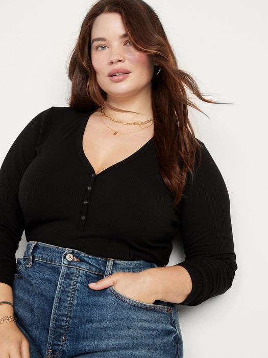 Fitted Long-Sleeve Rib-Knit Henley Top for Women