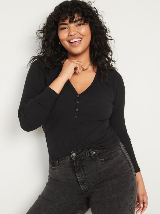 Fitted Long-Sleeve Rib-Knit Henley Top for Women