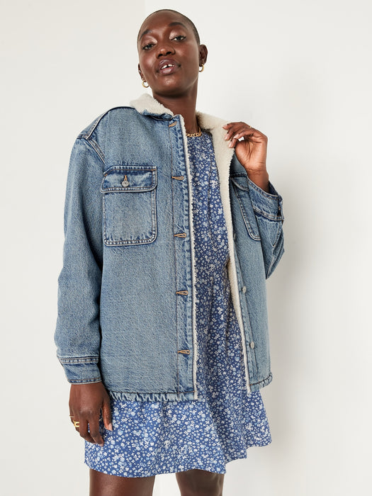 Sherpa-Lined Non-Stretch Jean Utility Shacket or Women
