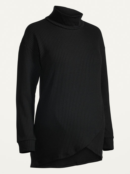 Maternity Cross-Front Rib-Knit Turtleneck Nursing Top - Black