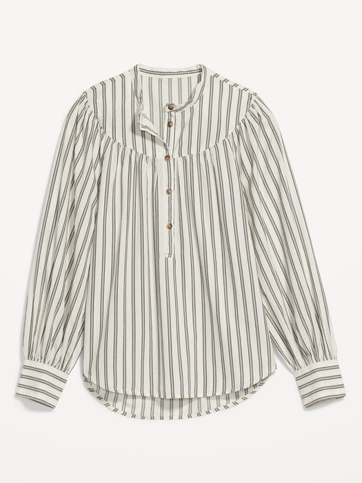 Puff-Sleeve Striped Henley Shirt for Women - Beige