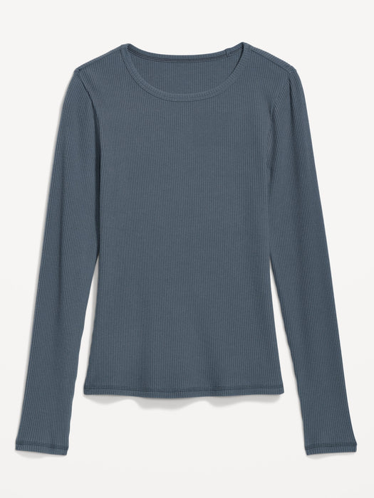 Plush Long-Sleeve Rib-Knit Slim-Fit T-Shirt for Women - Blue