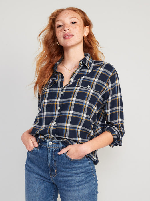 Long-Sleeve Plaid Flannel Boyfriend Tunic Shirt for Women