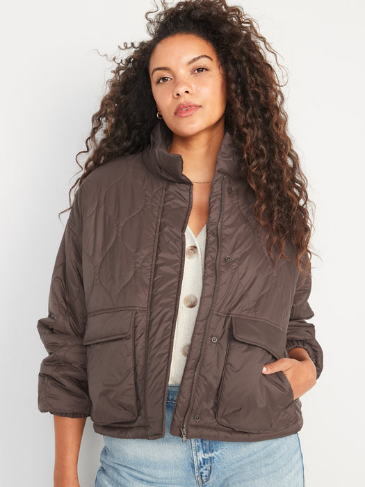 Packable Oversized Water-Resistant Quilted Jacket for Women - Brown