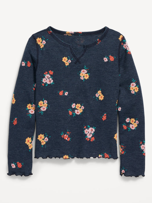 Thermal-Knit Long-Sleeve Printed Lettuce-Edge T-Shirt for Girls - Blue