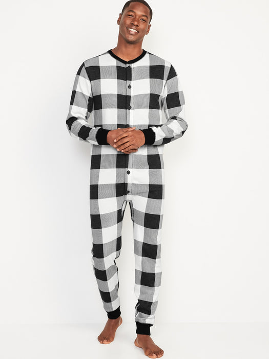 Thermal-Knit Matching Print One-Piece Pajamas for Men