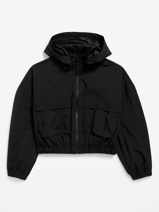 Loose StretchTech Zip-Front Hooded Jacket for Girls - Black