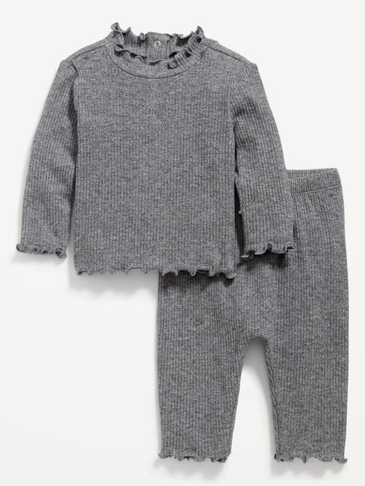 Plush-Knit Lettuce-Edge Top and Pants Set for Baby