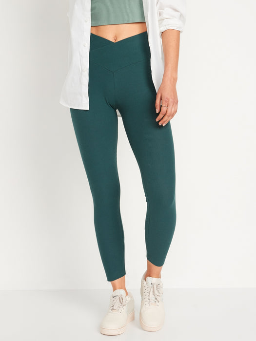 Extra High-Waisted Crossover Rib-Knit 7/8-Length Leggings for Women - Green