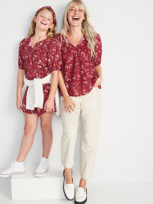 Puff-Sleeve Tiered Floral-Print Swing Dress for Girls