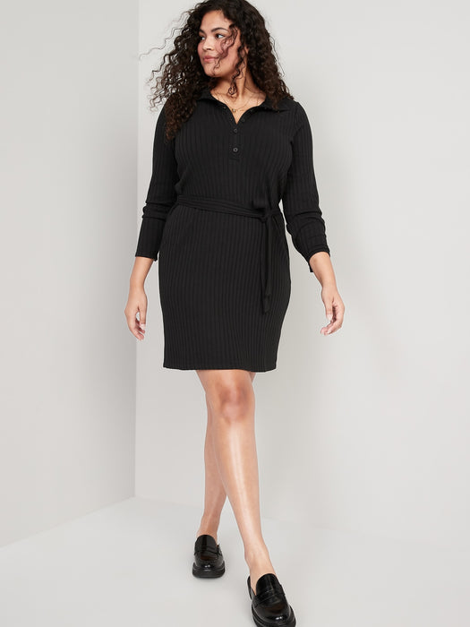 Fitted Rib-Knit Tie-Belt Long-Sleeve Mini Polo Dress for Women