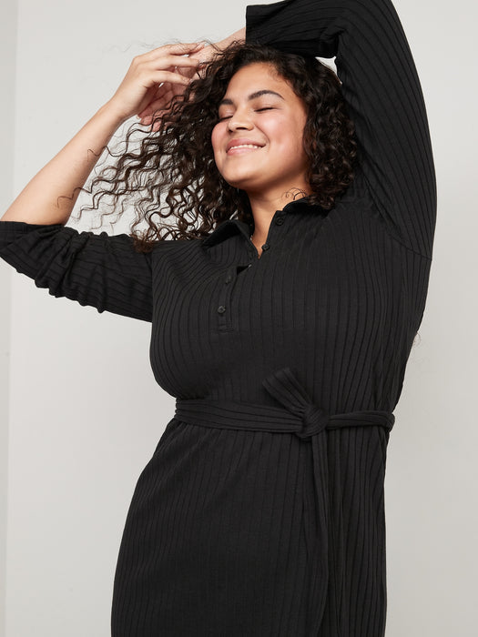 Fitted Rib-Knit Tie-Belt Long-Sleeve Mini Polo Dress for Women