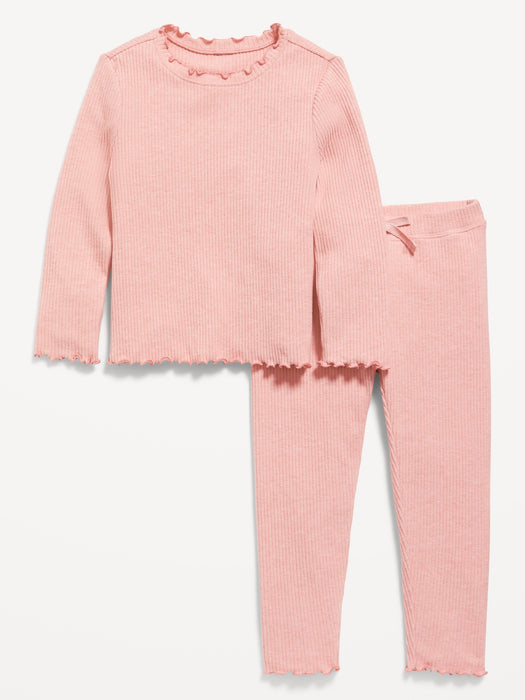 Rib-Knit Lettuce-Edge Top and Leggings Set for Toddler Girls