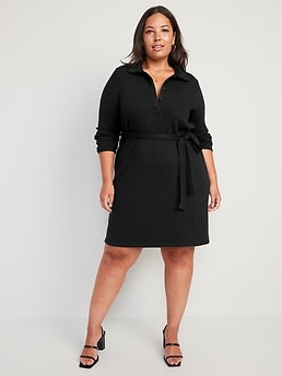 Fitted Rib-Knit Tie-Belt Long-Sleeve Mini Polo Dress for Women