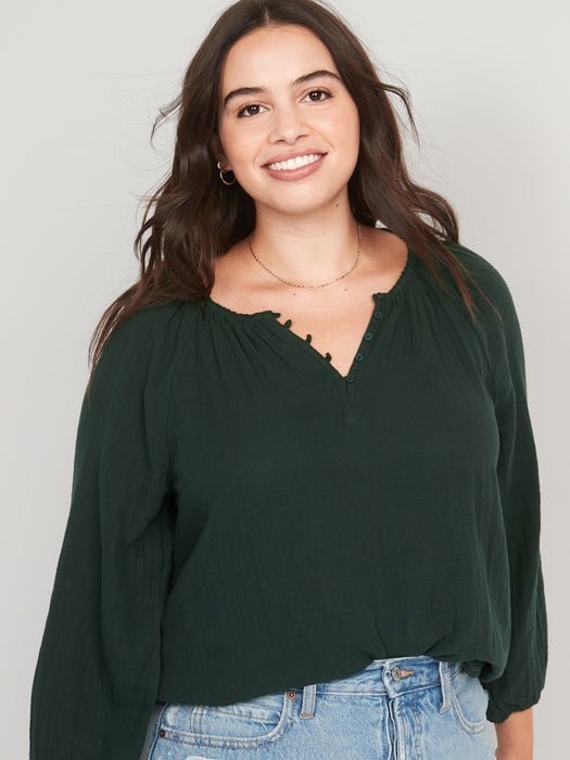 Shirred Double-Weave Long-Sleeve Blouse for Women