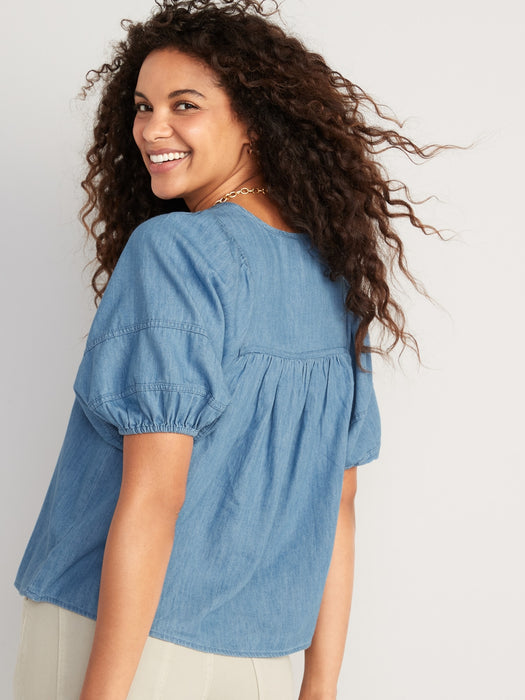 Oversized Chambray Puff-Sleeve Tie-Neck Top for Women