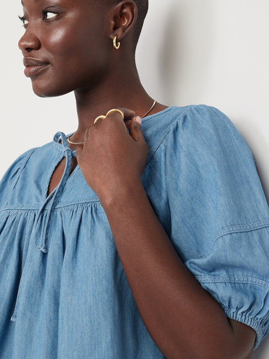 Oversized Chambray Puff-Sleeve Tie-Neck Top for Women