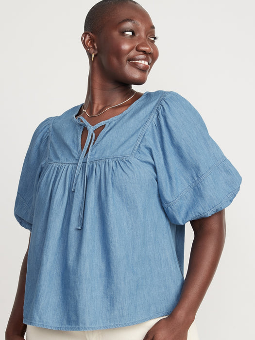 Oversized Chambray Puff-Sleeve Tie-Neck Top for Women