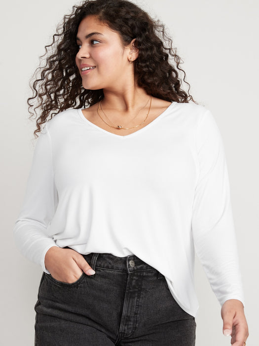 Luxe V-Neck Long-Sleeve T-Shirt for Women - White