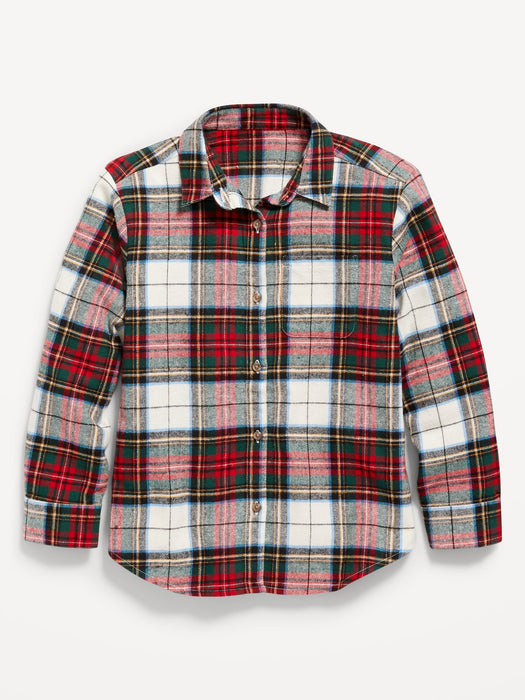 Cozy Long-Sleeve Button-Front Plaid Shirt for Girls - White