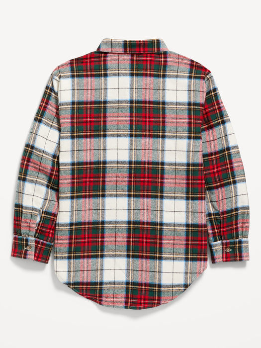 Cozy Long-Sleeve Button-Front Plaid Shirt for Girls - White
