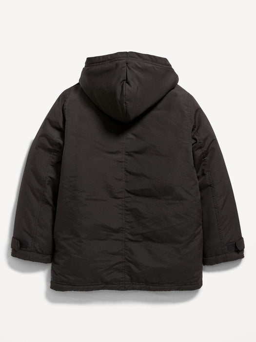 Gender-Neutral Water-Resistant Hooded Sherpa-Lined Utility-Pocket Jacket for Kids