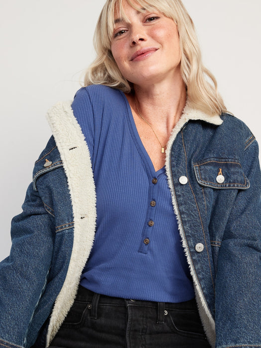 Fitted Long-Sleeve Rib-Knit Henley Top for Women - Blue