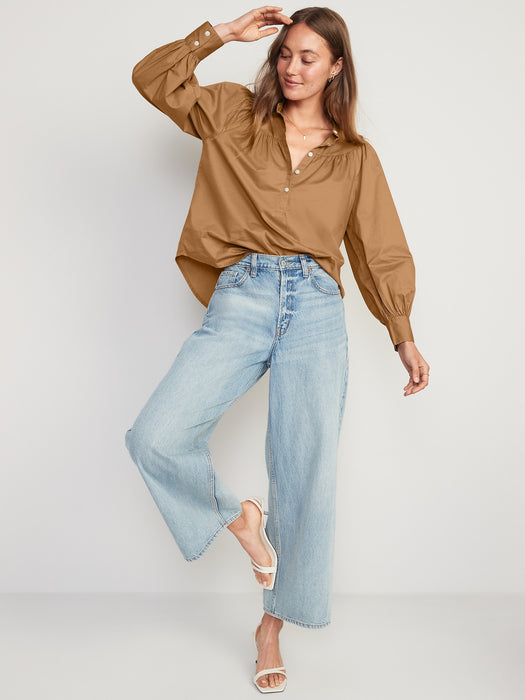 Puff-Sleeve Henley Shirt for Women - Yellow