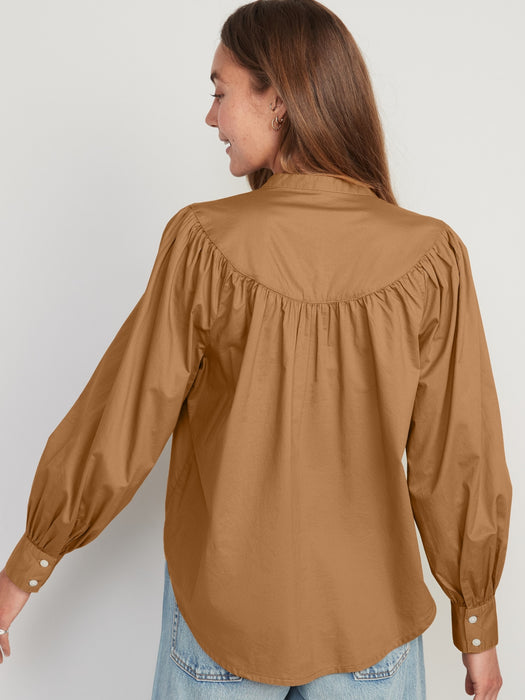 Puff-Sleeve Henley Shirt for Women - Yellow