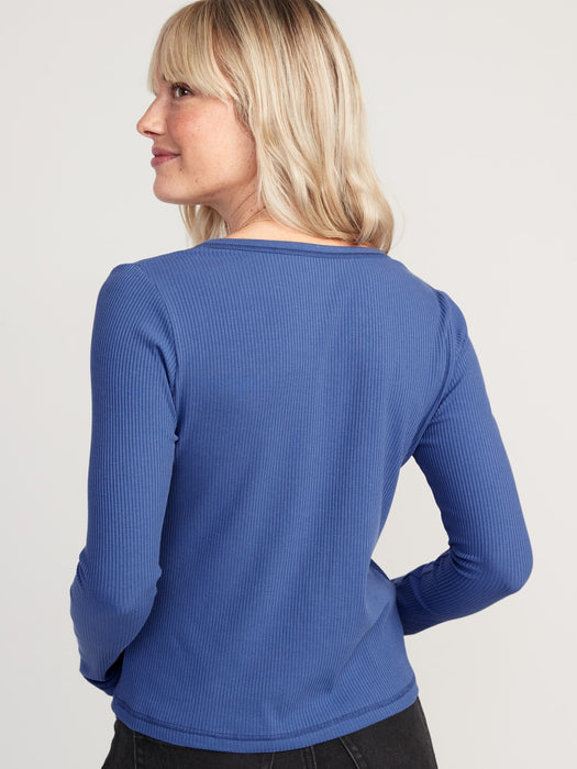 Fitted Long-Sleeve Rib-Knit Henley Top for Women - Blue
