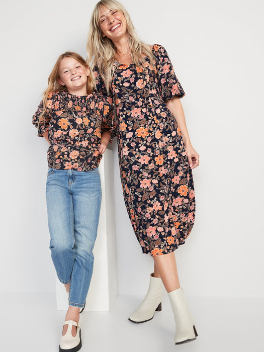Flutter-Sleeve Floral-Print Swing Blouse for Women - Blue