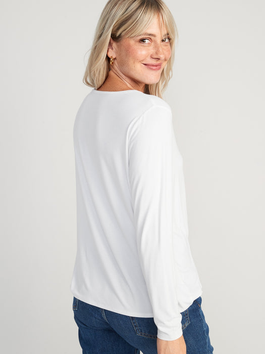 Luxe V-Neck Long-Sleeve T-Shirt for Women - White