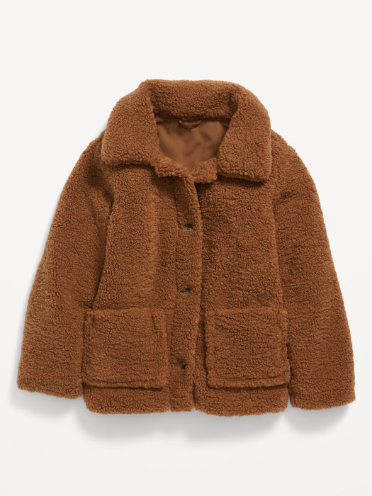 Cozy Sherpa Button-Front Jacket for Girls - Brown