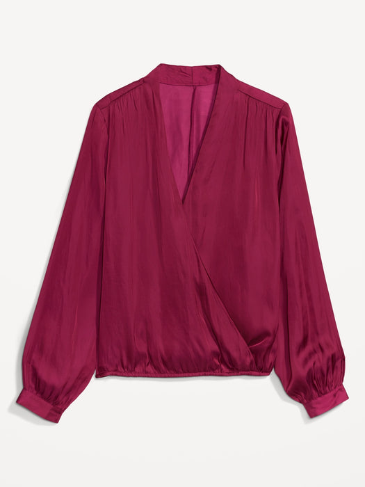 Cross-Front Satin Long-Sleeve Blouse for Women